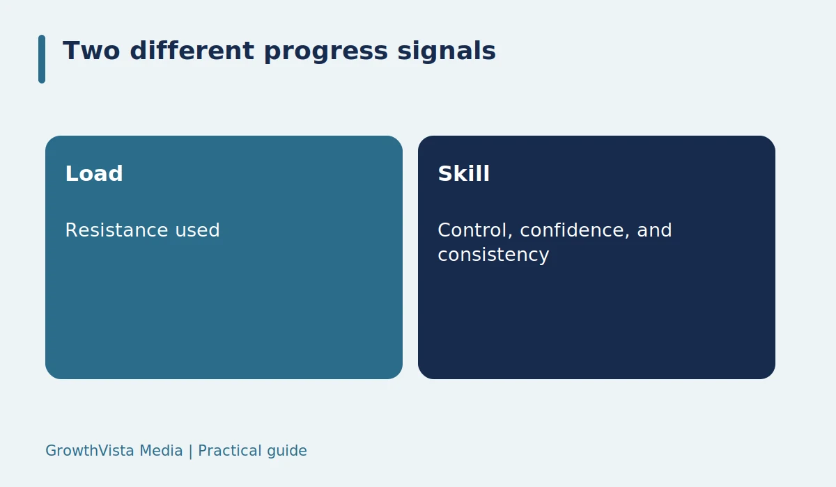Two different progress signals: Load: Resistance used; Skill: Control, confidence, and consistency