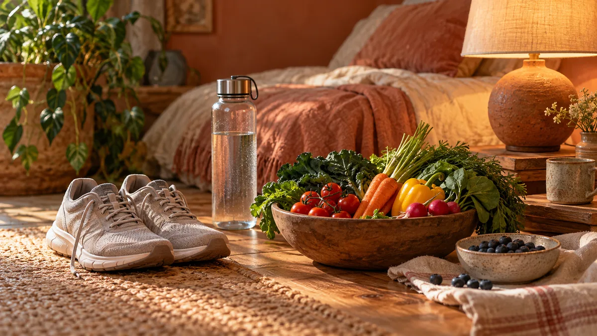 Editorial painted still life of comfortable shoes, vegetables, water and a bedside lamp, muted terracotta