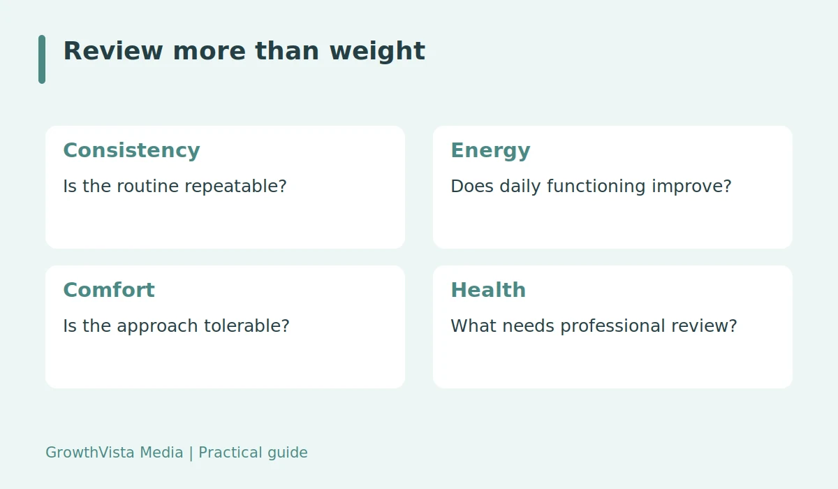 Review more than weight: Consistency: Is the routine repeatable?; Energy: Does daily functioning improve?; Comfort: Is the approach tolerable?; Health: What needs professional review?