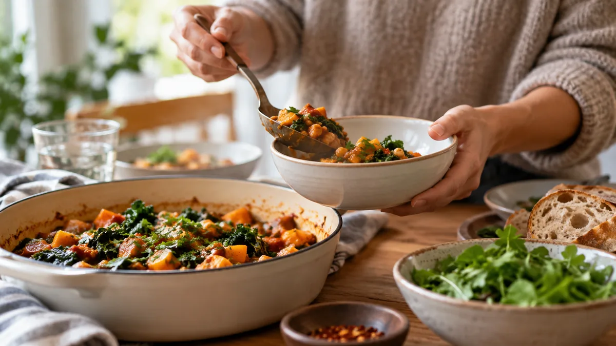 Close-up photo of someone serving a meal at home with spoon and small bowl, no scale