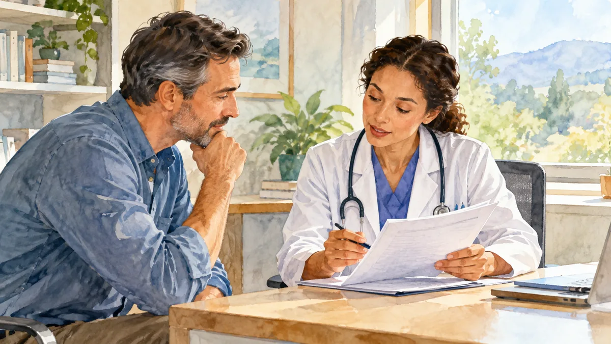 Watercolor illustration of adult discussing a lab report with a clinician in daylight, no readable figures