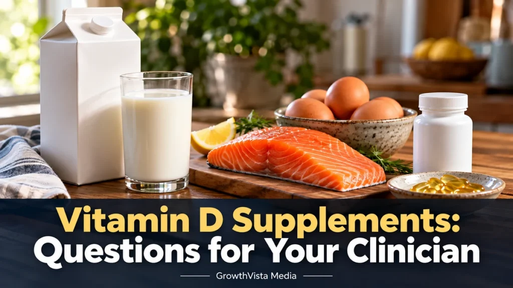 Vitamin D Supplements: Questions for Your Clinician: title over an editorial scene