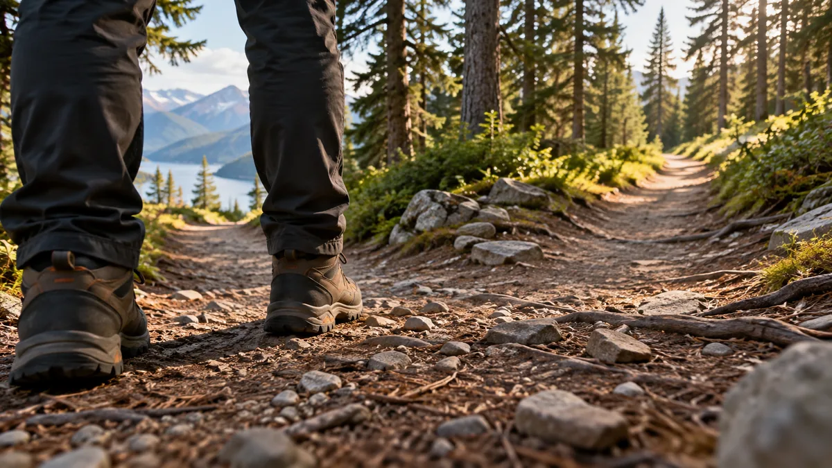 Photo of shoes at a trail junction with trees, candid low camera angle