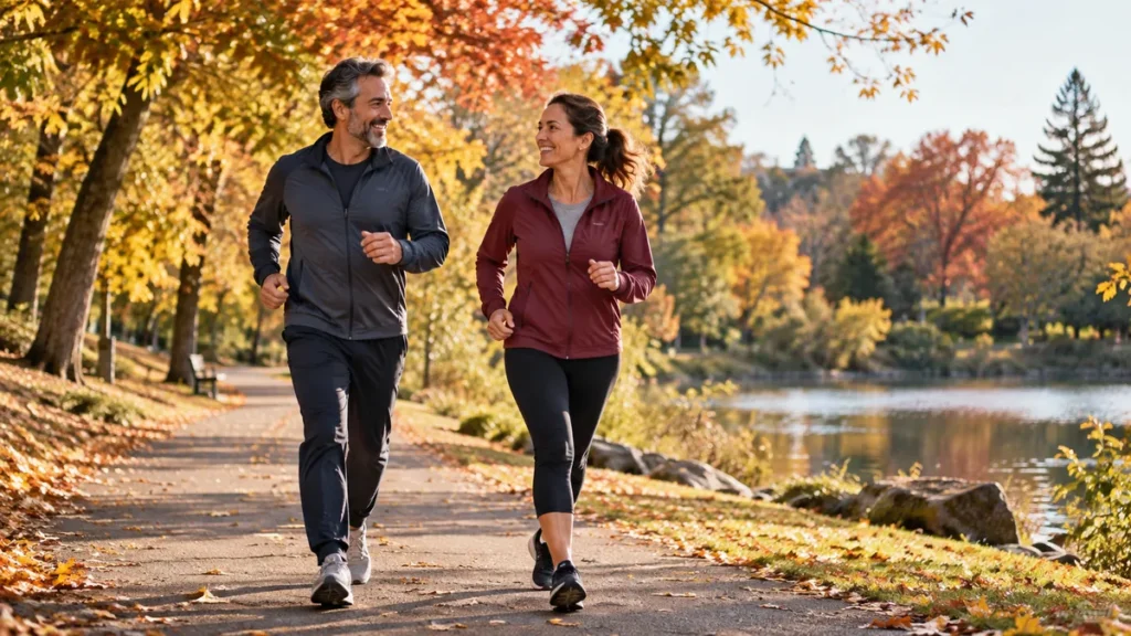 walking for exercise: Wide landscape photo of two adults walking briskly along a neighborhood park path, autumn light