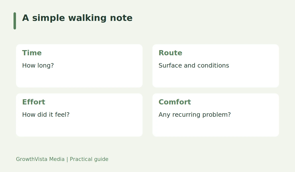 A simple walking note: Time: How long?; Route: Surface and conditions; Effort: How did it feel?; Comfort: Any recurring problem?