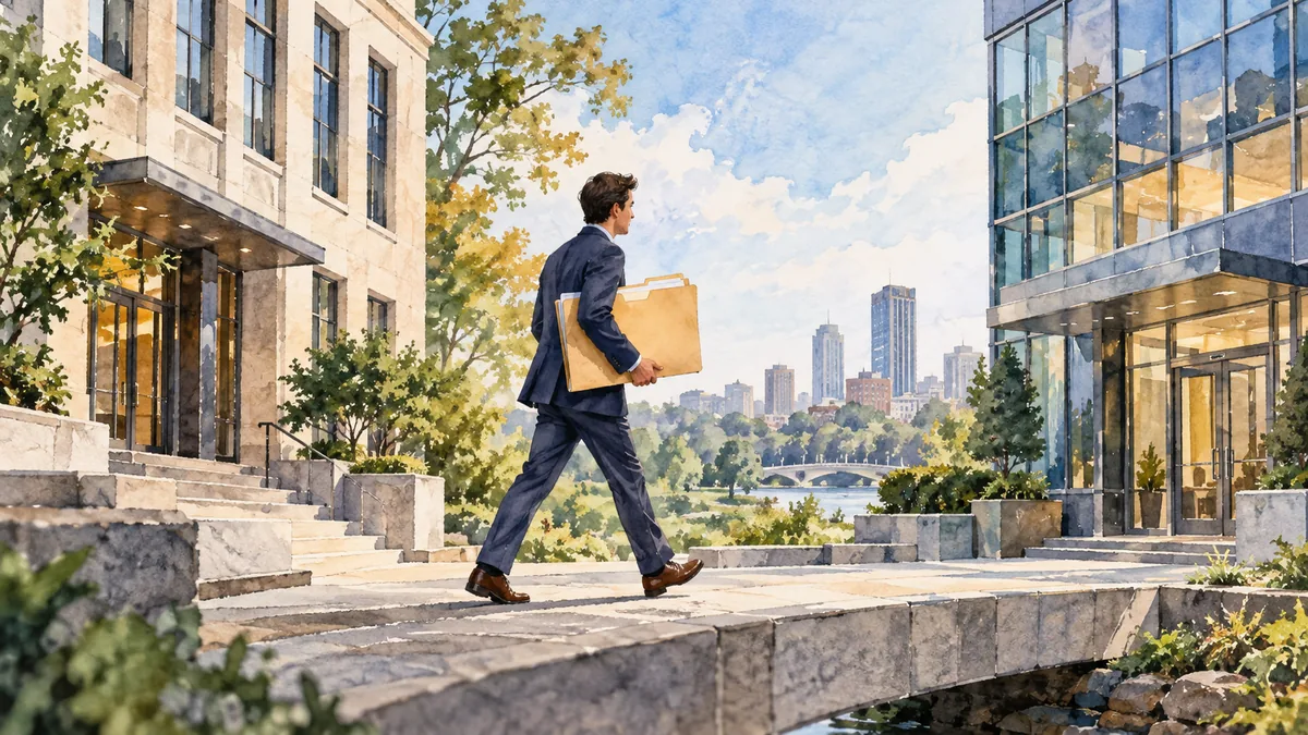 Watercolor illustration of a folder moving carefully between two distinct office buildings