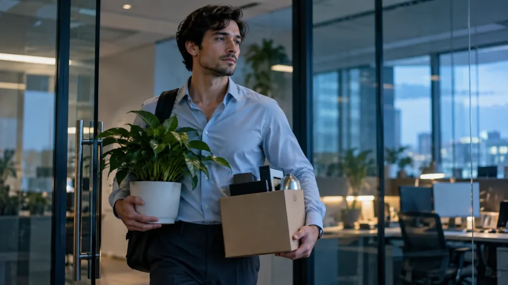 401(k) when you change jobs: Cinematic candid photo of worker carrying plant and small box out of an office, cool blue light