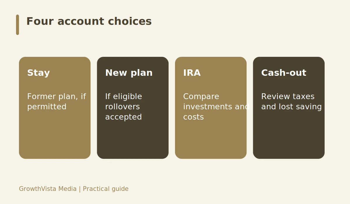 Four account choices: Stay: Former plan, if permitted; New plan: If eligible rollovers accepted; IRA: Compare investments and costs; Cash-out: Review taxes and lost saving