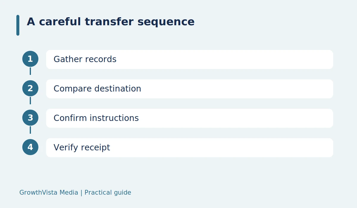 A careful transfer sequence: Gather records → Compare destination → Confirm instructions → Verify receipt