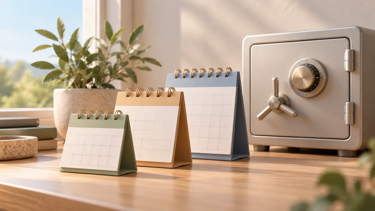 Pastel 3D illustration of three staggered calendar blocks beside a simple safe, no lettering