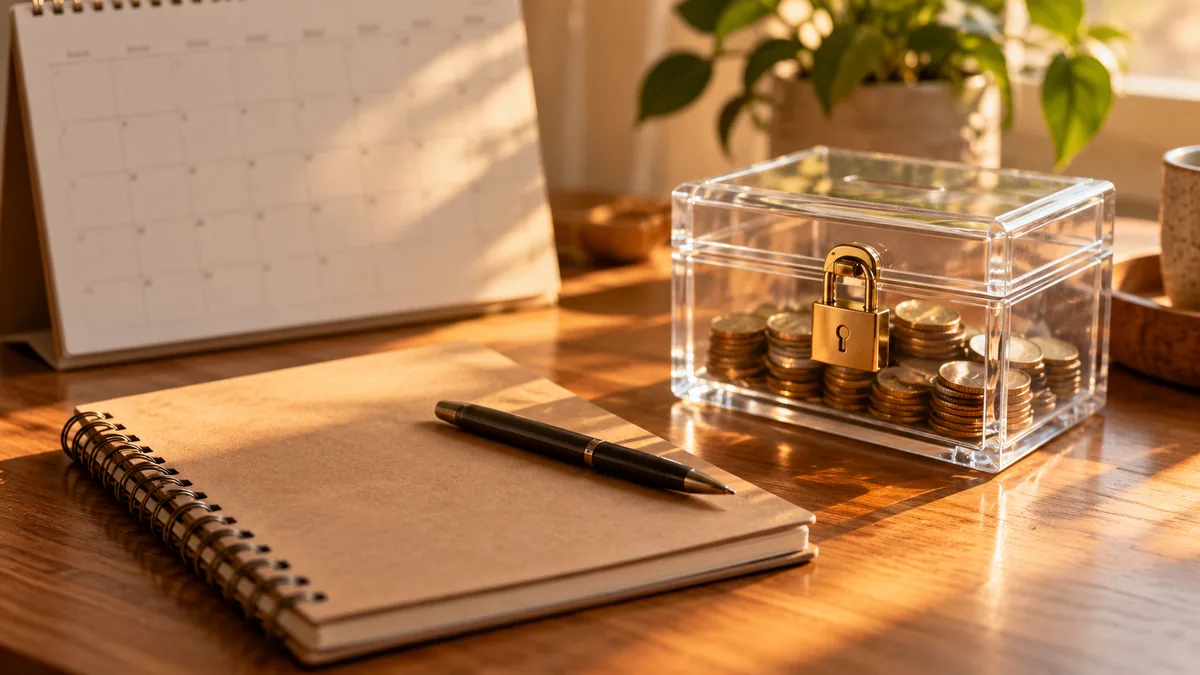 certificate of deposit: Editorial macro photograph of calendar, locked transparent box and unmarked savings notebook, bronze light