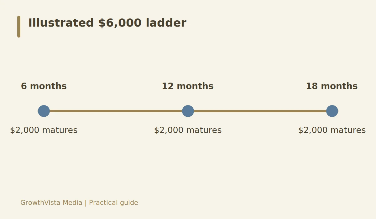 Illustrated $6,000 ladder: 6 months: $2,000 matures; 12 months: $2,000 matures; 18 months: $2,000 matures