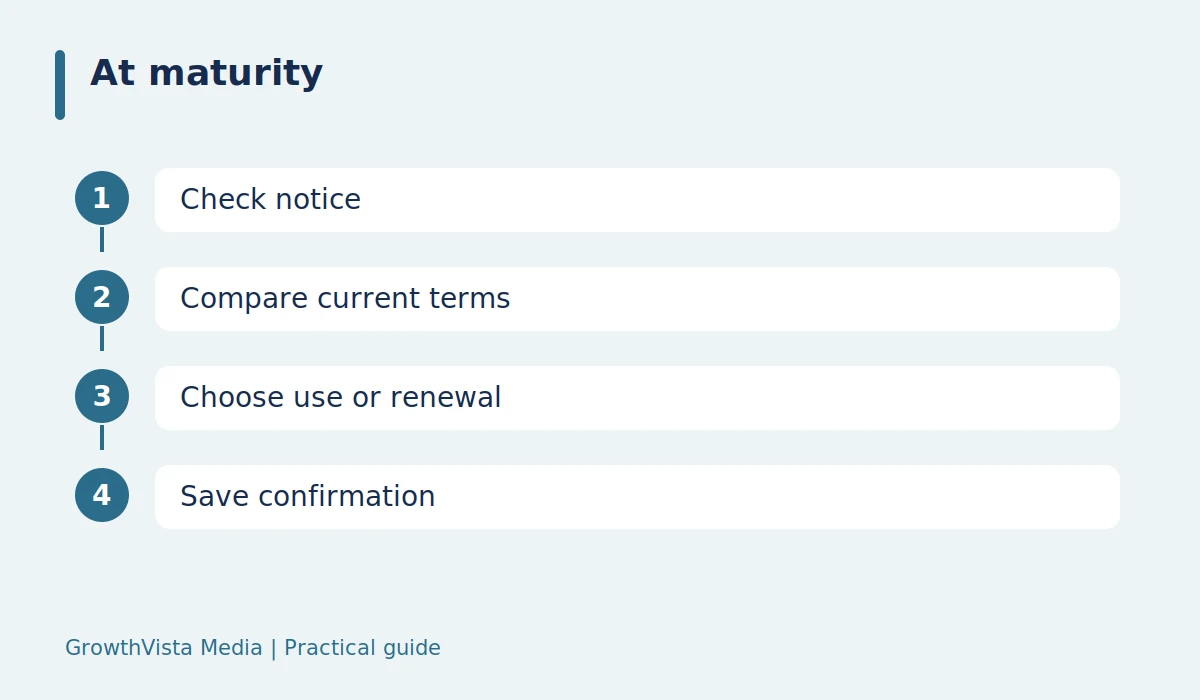 At maturity: Check notice → Compare current terms → Choose use or renewal → Save confirmation