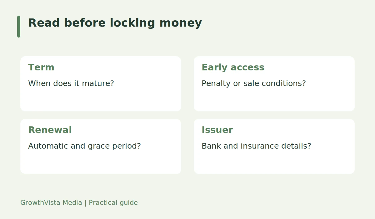 Read before locking money: Term: When does it mature?; Early access: Penalty or sale conditions?; Renewal: Automatic and grace period?; Issuer: Bank and insurance details?