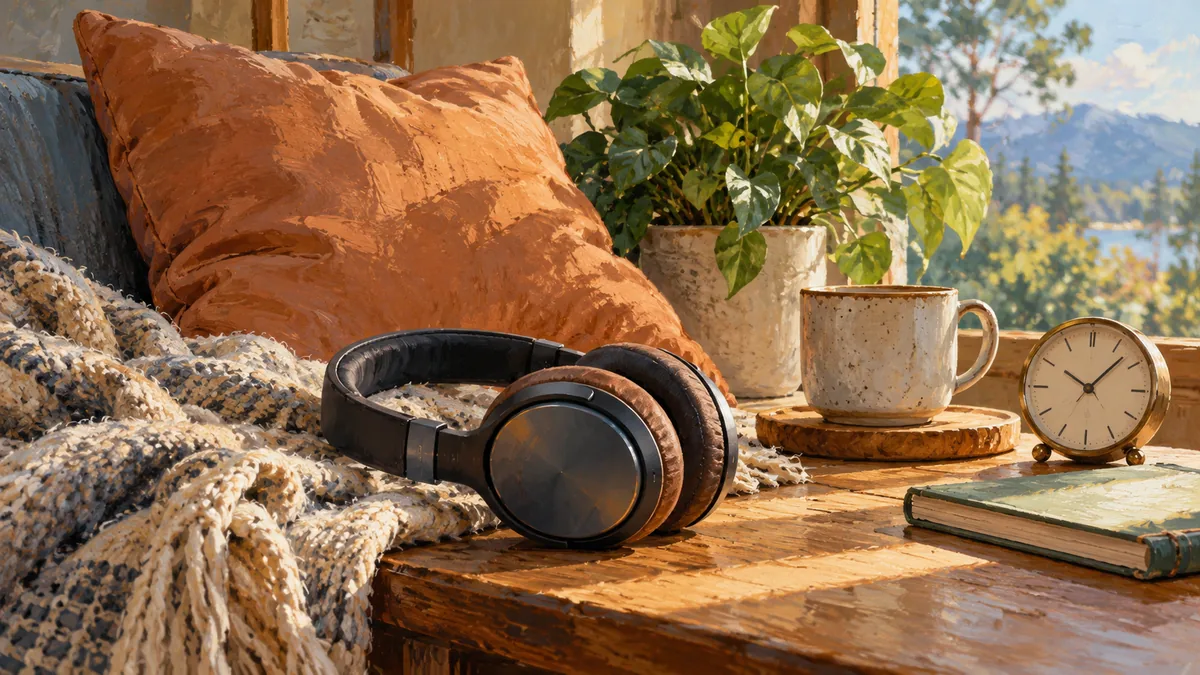Hand-painted illustration of headphones beside a cushion and small clock, simple not spiritual symbols