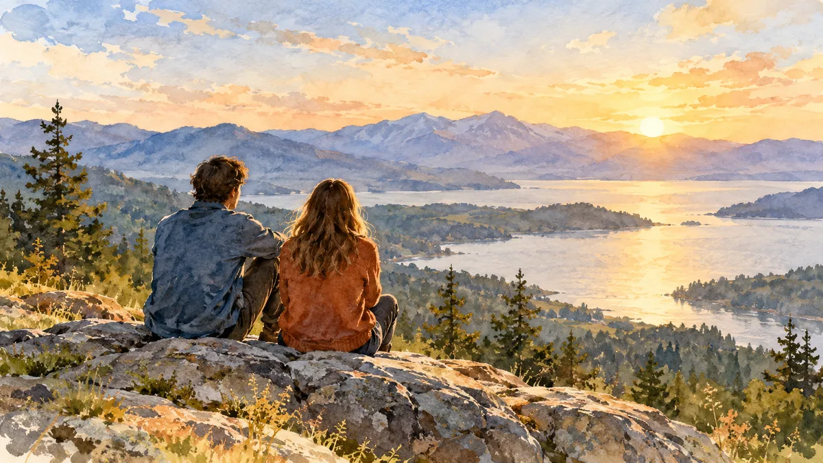 Editorial watercolor illustration of two people sitting together with warm open space, hopeful not clinical