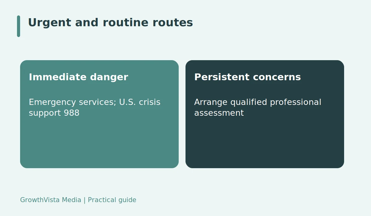 Urgent and routine routes: Immediate danger: Emergency services; U.S. crisis support 988; Persistent concerns: Arrange qualified professional assessment